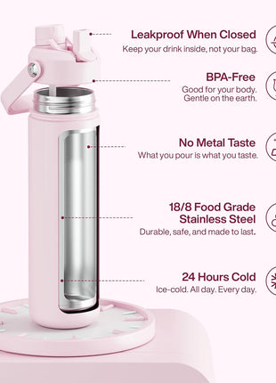ENCOOL Insulated Water Bottle with Straw Stainless Steel Water Bottle, Leak-Proof, BPA-Free, Double Wall Vacuum Keeps Cold for 24 Hours for Sports, Travel, School (26 oz, Cotton Candy)