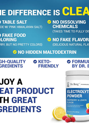 Dr. Berg Zero Sugar Hydration Keto Electrolyte Powder - Enhanced w/ 1000 mg of Potassium & Real Pink Himalayan Salt (NOT Table Salt) - Raspberry & Lemon Flavor Hydration Drink Supplement, 100 Servings