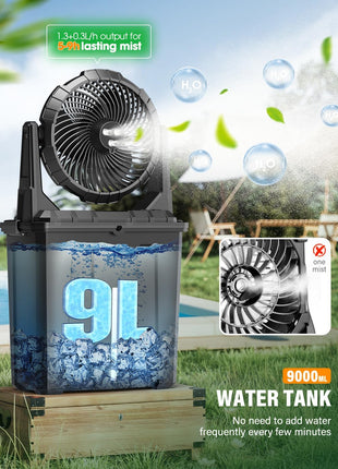 Ausic 10′′ 9L Portable Misting Fan, [Max 55Hrs] Golf Cart Mister Fan for Outside Patios, 20000mAh Outdoor Rechargeable Battery Operated Water Cooling Fan, Summer Camping Essentials - 3 Spray Misters