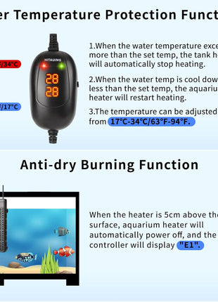HiTauing Aquarium Heater, 50W/100W/200W/300W/500W Submersible Fish Tank Heater with Over-Temperature Protection and Automatic Power-Off When Leaving Water for Saltwater and Freshwater