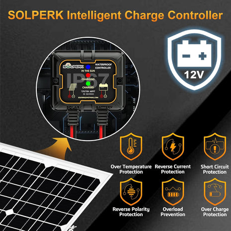 SOLPERK Solar Panel Kit 20W 12V, Waterproof Solar Battery Trickle Charger Maintainer + Smart MPPT Controller + Adjustable Mount Bracket for Boat Car RV Motorcycle Marine Automotive