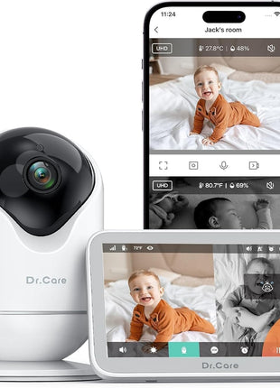 Dr.Care VistaView 5inch Smart WiFi Baby Monitor with 2 Camaras - 2K Camera App Control & 1080P Split Screen, Cry & Motion Detection, Pan-Tilt-Zoom, HD Night Vision, Video Recording, Triple Security