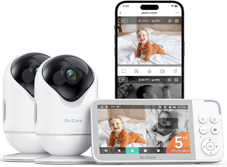 Dr.Care VistaView 5inch Smart WiFi Baby Monitor with 2 Camaras - 2K Camera App Control & 1080P Split Screen, Cry & Motion Detection, Pan-Tilt-Zoom, HD Night Vision, Video Recording, Triple Security