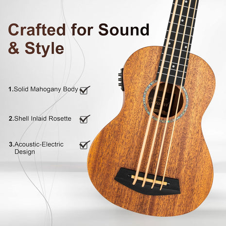 Caramel CUB402 Electric 30inch All Solid Wood Mahogany Ukulele Bass   Tuned as E A D G