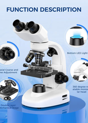 Compound Binocular Microscope for Kids & Students, 40X-2000X Magnification, Microscope Kit with Slides & Specimens, Lab Equipment for School Biology Class & Home Science Experiments