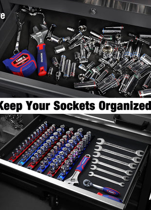 WORKPRO Magnetic Socket Organizer, Heavy Duty 3/8-Inch Drive Socket Rail | 1 Piece Socket Holder with 10 Spots, Aluminum Alloy, Rotatable & Movable Clips, Efficient Organization