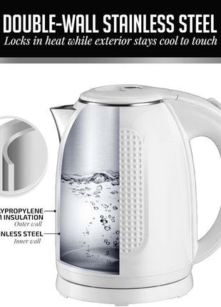 OVENTE 1.7L Double Wall Electric Tea Kettle, 1100W Power, White KD64W | Water Boiler with Cool-Touch Exterior, Stainless Steel Interior, Auto Shut-Off, Boil-Dry Protection & Locking Lid, Easy Clean