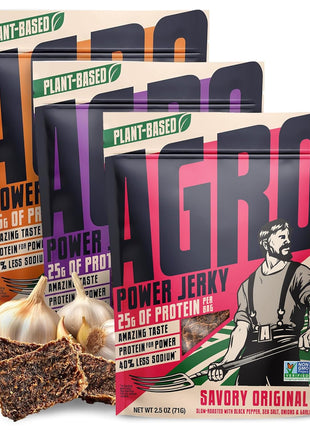 AGRO POWER Vegan Jerky Variety Pack, Savory Original, Texas BBQ, Grilled Teriyaki Plant-Based Jerky, Non-GMO, High Protein, 40% Less Sodium, Zero Cholesterol, Meatless Vegetarian Healthy Snack, 3 Pack