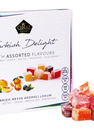 Cerez Pazari Turkish Delight Candy With Assorted Flavors 16 oz, Gourmet Snacks Gift Box, No Nuts Sweet Traditional Confectionery Vegan Candy Dessert Lokum Loukoumi Approx.33-38 pcs