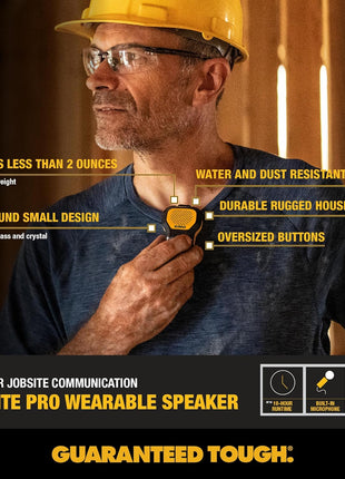 DEWALT Wearable Bluetooth Speaker (Updated Version), Clip-On Wireless Jobsite Pro Water-Resistant Portable Speaker (Non-Magnetic), Built-in Mic for Hands-Free Music/Calls, Bluetooth Speaker (Yellow)