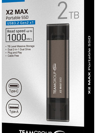 TEAMGROUP 2TB X2 MAX External/Portable SSD 1000MB/s, Dual USB Hard Drive Compatible with iPhone17&iPad&Mac, Steam Deck/PC/Windows/Android/PS5/Laptop/Tesla, Type C &A, USB 3.2 Gen2 TX2MAX32TBT01