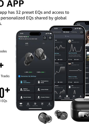 TOZO NC9 Hybrid Active Noise Cancelling Wireless Earbuds, 6 Mics ENC Clear Call, IPX8 Waterproof, in Ear Bluetooth 5.3 Headphones Stereo Bass Ear Buds 59H Playtime with LED Display 32 EQs via APP