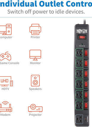 Tripp Lite 7 Outlet (6 Individually Controlled) Surge Protector Power Strip, 6ft Cord, Black, Lifetime Limited Warranty & 25K Insurance (TLP76MSGB)