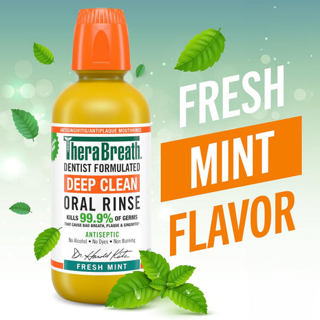 TheraBreath Deep Clean Mouthwash, Antiseptic Benefits, Fresh Mint Flavor, Dentist Formulated, Alcohol Free, 16 fl oz (Pack of 2)