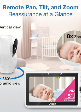 VTech Smart WiFi Baby Monitor, 2 Cameras – See Both Rooms at Home or from Anywhere, Free App, 1080p Split Screen, 5inch HD Screen, Pan-Tilt-Zoom, Night Vision | VM901-2