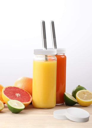 8 Pack 16OZ Glass Juice Bottles with 8 Airtight Lids & 2 Straw Lids & 2 Straws - Freezable Juice Container, Travel Juicing Jars, Drinking Water Cups - Reusable Tall Mason Jar for Tea, Juice, Smoothies