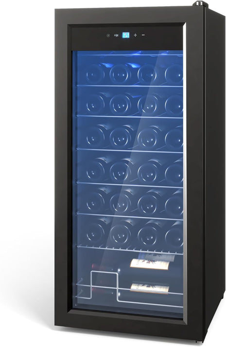 GarveeHome Wine Fridge, Compressor Wine Cooler Refrigerator, Beverage and Wine Refrigerator with Digital Touch Control, Double-Layer Glass Door, Freestanding or Built-In, 32 Bottles