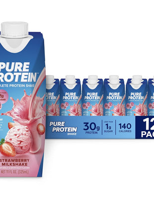 Pure Protein Strawberry Protein Shake, 30g Complete Protein, Ready to Drink and Keto-Friendly, Vitamins A, C, D, and E plus Zinc to Support Immune Health, 11oz Bottles, 12 Pack