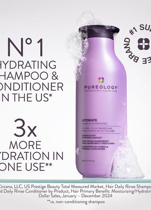 Pureology Hydrate Shampoo - For Dry or Color Treated Hair, Moisturizing Shampoo For Hydration & Softness, With Rose Extract & Green Tea, Vegan & Sulfate-Free