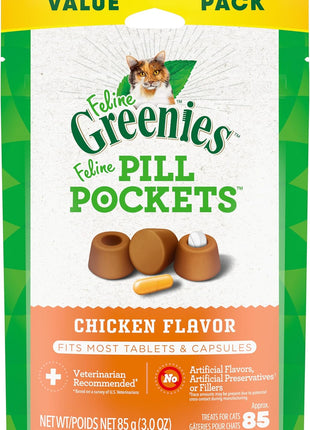 Greenies Feline Pill Pockets for Cats Natural Soft Cat Treats, Chicken Flavor, 3 oz. Pouch (85 Treats)