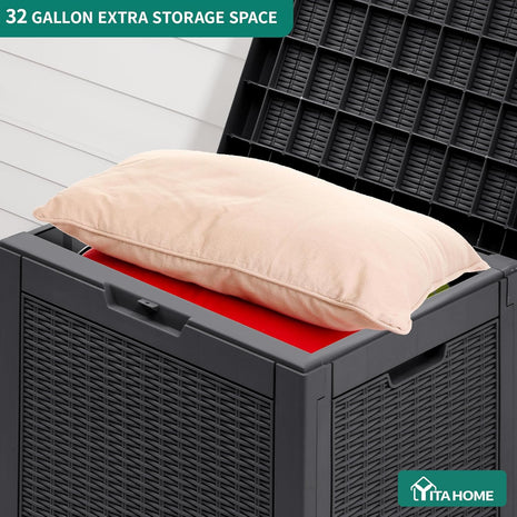 YITAHOME 32 Gallon Rattan Deck Box, Indoor Outdoor Storage Box for Patio Furniture, Pool Accessories, Cushions, Garden Tools, Sports Equipment, Waterproof Resin with Lockable Lid & Side Handles, Black