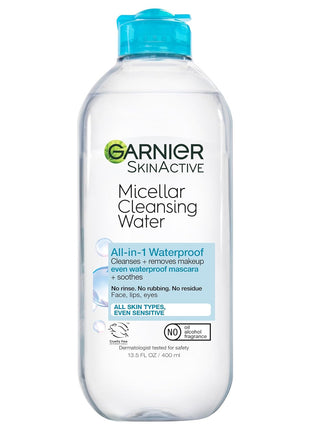 Garnier Micellar Water For Waterproof Makeup, Hydrating Facial Cleanser & Makeup Remover, Suitable for Sensitive Skin, Vegan, Cruelty Free, 13.5 Fl Oz (400mL), 1 Count