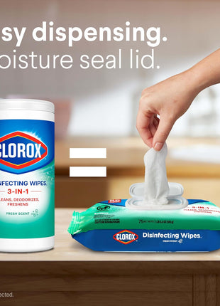 Clorox Disinfecting Wipes, Bleach Free, Household Essentials, Fresh Scent, Moisture Seal Lid, 75 Cleaning Wipes, Pack of 3 (New Packaging)