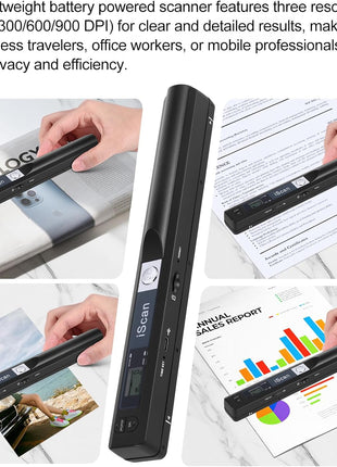 Portable Document Scanner, 900DPI Handheld Scanner Wand for Documents & Receipts, A4 Photo Image Scanner JPG/PDF, Portable Scanner for Laptop, USB 2.0 High Speed Transfer, Supports Micro SD Card