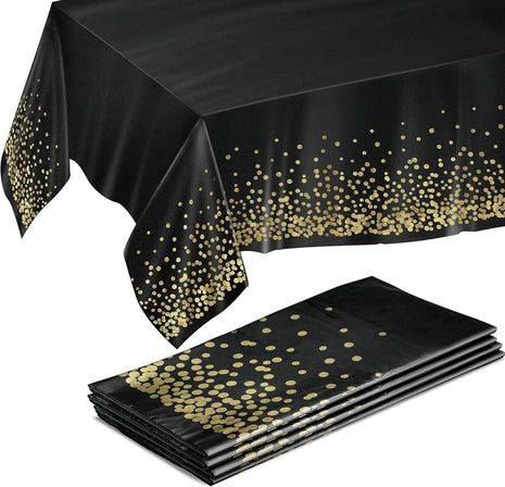 Prestee Gold and Black Table Cloth for Events   Pack of 4, 54 x 108 Inches   Disposable Table Cover, Ideal Black Tablecloths for Party Decorations, Dining, and Holiday Celebrations