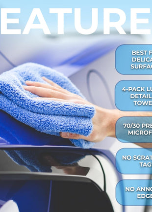 The Rag Company - Eagle Edgeless 500 (4-Pack) Professional Korean 70/30 Blend Super Plush Microfiber Detailing Towels, 500GSM, 16in x 16in, Blue