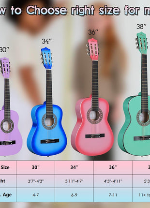 ADM Beginner Acoustic Classical Guitar 30 Inch Nylon Strings Wooden Guitar Bundle Kit for Kid Boy Girl Student Youth Guitarra Online Lessons with Gig Bag, Strap, Tuner, Extra Strings, Picks,Blue