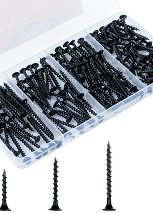 KURUI Drywall Screws Assortment Kit, #6 Black Wood Screws for Sheetrock,165pcs Picture Hanging Kit for Frame Painting Art Photo, Phillips Coarse Dry Wall Screw 4 Sizes 1 inch,1-1/4 inch,1-5/8 inch,2 inch