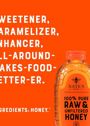 Nate's 100% Pure, Raw & Unfiltered Honey - Award-Winning Taste, 32oz. Squeeze Bottle