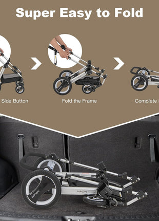 BABY JOY Baby Stroller, 2-in-1 Convertible Bassinet Reclining Stroller, Foldable Pram Carriage with 5-Point Harness, Including Cup Holder, Foot Cover, Diaper Bag, Aluminum Structure, Khaki