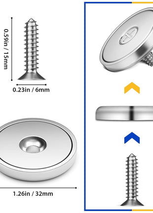 VNDUEEY 8 Pack Neodymium Magnet Cup 100 LBS Strong Rare Earth Magnets with Countersunk Hole Industrial Strength Round Base with Screws 1.26''D x 0.2" H for Holding Tools Kitchen Office DIY Craft