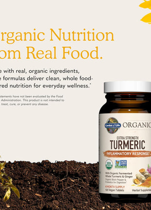 Garden of Life Organics Extra Strength Turmeric Inflammatory Response 120 Tablets-100Mg Curcumin (95% Curcuminoids) Black Pepper, Probiotics, Organic Non-GMO Vegan Gluten Free Herbal Supplement