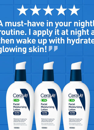 CeraVe PM Facial Moisturizing Lotion, Night Cream with Hyaluronic Acid and Niacinamide, Ultra-Lightweight, Oil-Free Moisturizer for Face, 3 Ounce