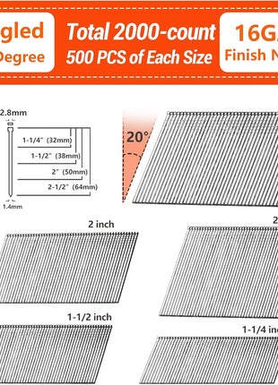 16 Gauge Angled Finish Nails, 20-Degree, 2000-Pack (2-1/2 inch, 2 inch, 1-1/2 inch, 1-1/4 inch 500 Per Sizes), Galvanized Assorted Size Project Pack, for Pneumatic, Electric Angled Finish Nailer