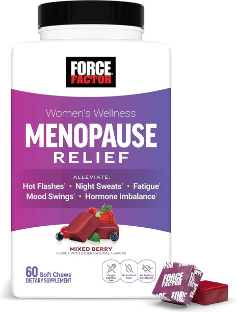 Force Factor Menopause Relief Supplement for Women | with Black Cohosh for Hot Flashes, Hormone Balance & Night Sweats Support, Women's Wellness, Mixed Berry, 60 Soft Chews