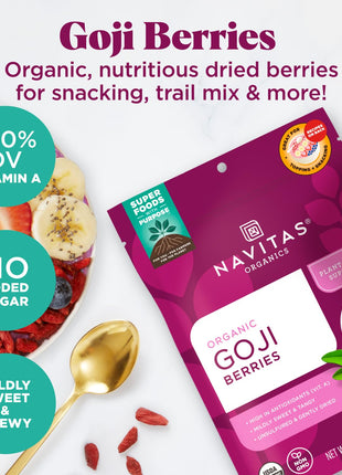 Navitas Organics Goji Berries – For Smoothies, Trail Mix, Baked Goods, Oatmeal & More – Vitamin A, Antioxidants, Fiber – Wolfberry - USDA Organic, Non GMO, Gluten Free, Vegan (8oz. Bag, 8 Servings)