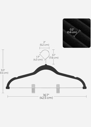 SONGMICS 30-Pack Pants Hangers, 16.7-Inch Long Velvet Hanger with Adjustable Clips, Heavy-Duty, Non-Slip Skirt Hangers, Space-Saving for Pants, Skirts, Coats, Dresses, Black UCRF12B30