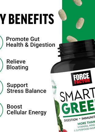 Force Factor Smarter Greens Supplement to Support Gut Health & Bloating | with Probiotics & Antioxidants to Improve Digestion, Support Immune Health and Metabolism, 90 Tablets