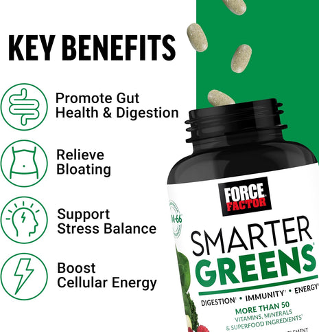 Force Factor Smarter Greens Supplement to Support Gut Health & Bloating | with Probiotics & Antioxidants to Improve Digestion, Support Immune Health and Metabolism, 90 Tablets