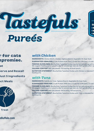 Blue Buffalo Tastefuls Purées Variety Pack, Natural Cat Food Complement, Resealable Twist Cap Pouches, Chicken and Tuna, 3-oz (Pack of 24), 12 of Each Flavor
