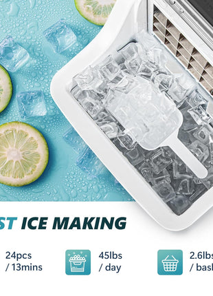 EUHOMY Ice Cube Maker Machine Countertop, 2 Ways to Add Water, 45Lbs/Day 24 Pcs Ready in 13 Mins, Self-Cleaning Portable Compact, with Ice Scoop & Basket, Perfect for Home/Kitchen/Office/Bar