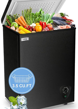 Deep Chest Freezer 3.5 Cu.Ft Mini Freezer Black for Apartment Kitchen | Free-Standing Top Door, 7 Level Adjustable Thermostat, Removable Basket, Low Noise