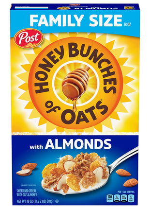 Honey Bunches of Oats with Almonds Breakfast Cereal, Honey Cereal with Granola Clusters and Sliced Almonds, Family Size, 18 OZ Box