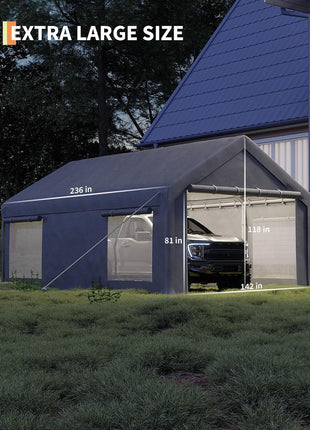 GarveeLife 12x20 Ft Carport, Car Port with 200g PE Tarp, Roll-Up Doors, and 4 Windows, for Full-Size Pickups, Bass Boats, Tractors, and SUVs, Gray