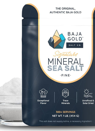 Baja Gold Signature Mineral Sea Salt - Recommended by Gary Brecka - Authentic Fine Grind Salt for Cooking & Baking | Natural Baja Salt for Culinary Uses | Great for Finishing Dishes | 1 lb. Resealable Bag, 300+ Servings