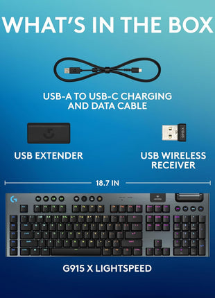 Logitech G915 X Lightspeed Low-Profile Wireless Gaming Keyboard, Double-Shot PBT Keycaps, Fully Programmable Keys, RGB Backlighting, Sleek Aluminum Finishing, GL Red Linear Switches - PC/Mac - Black